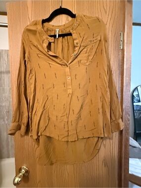 Free People Mustard Long Sleeve Henley Blouse with Subtle Print